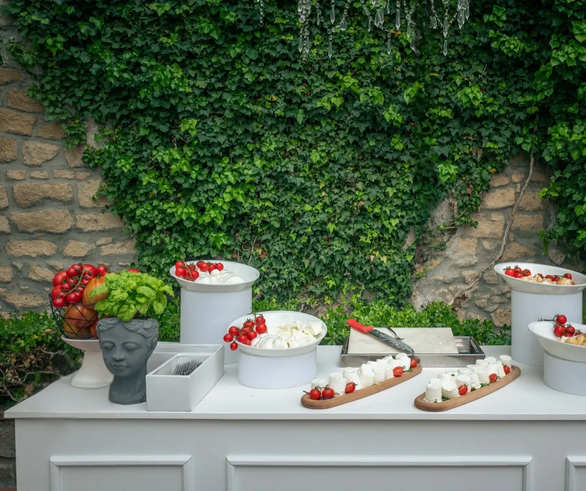 Banco in giardino con latticini freschi, pomodorini e basilico su alzate bianche davanti al muro d'edera